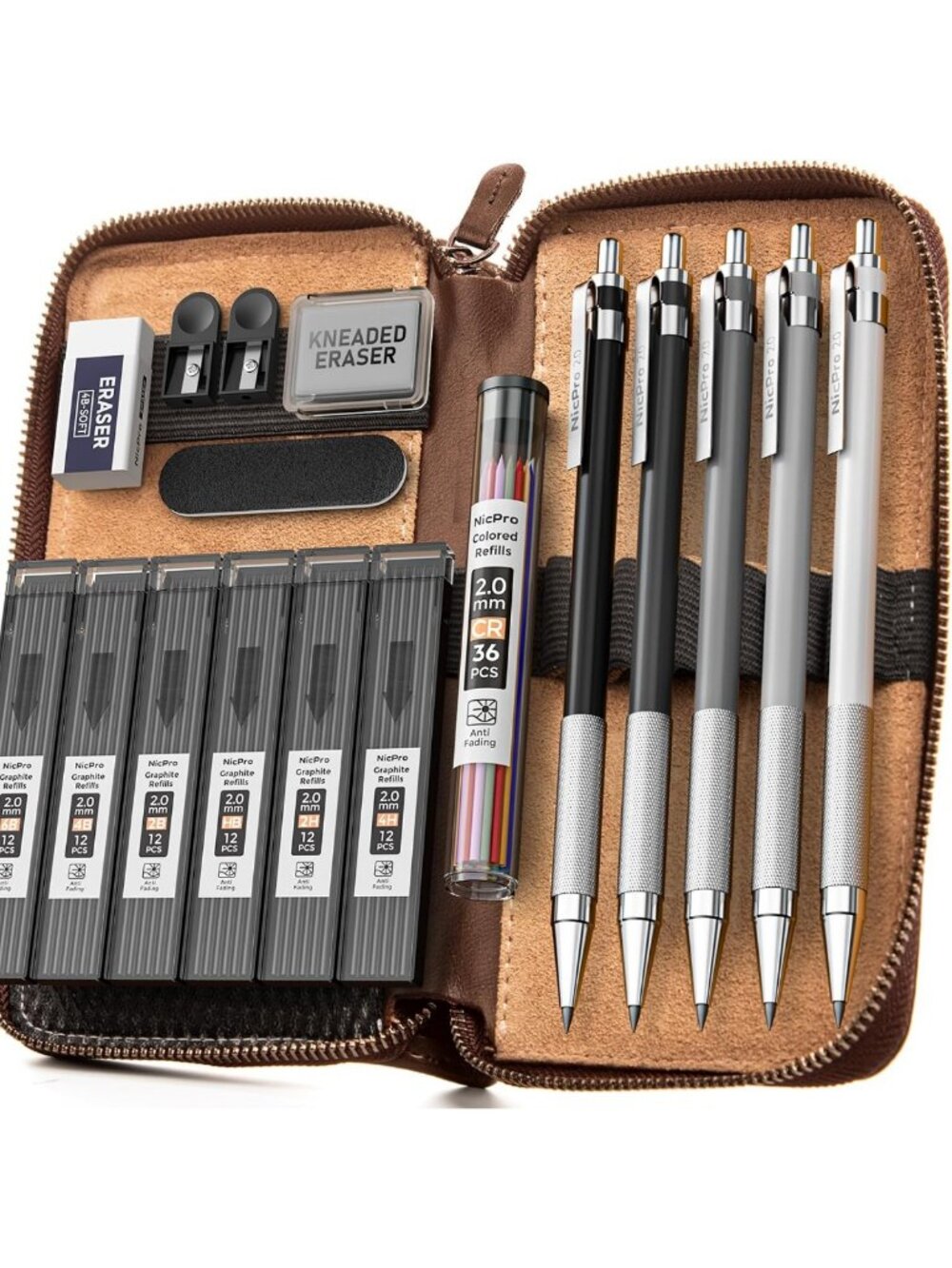 17PCS Metal Mechanical Pencil Set with Leather Case, 2mm Lead Holders & Refills